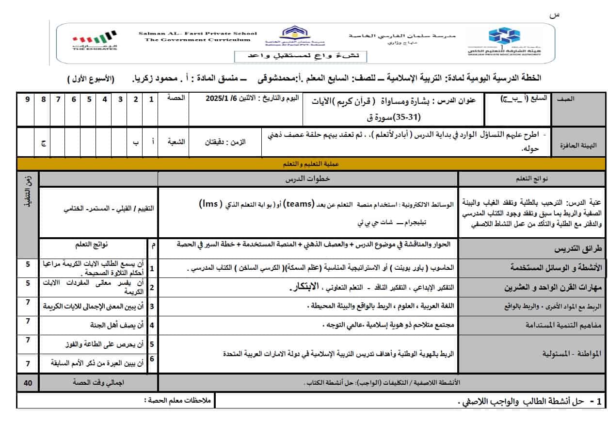 الخطة الدرسية اليومية بشارة ومساواة التربية الإسلامية الصف السابع 