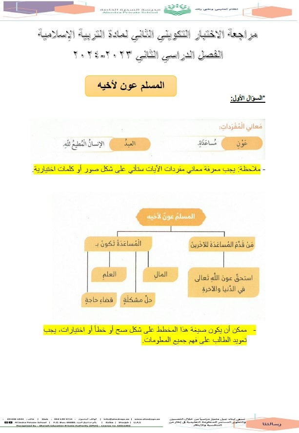 مراجعة الاختبار التكويني الثاني التربية الإسلامية الصف الأول