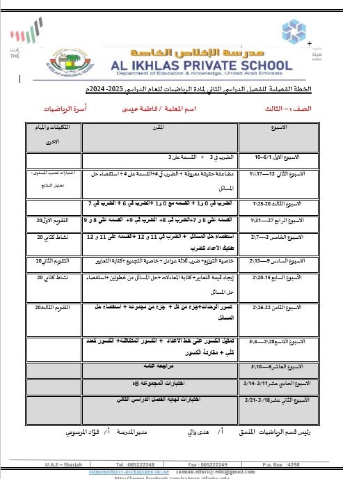 الخطة الفصلية الرياضيات المتكاملة الصف الثالث الفصل الدراسي الثاني 2024-2025