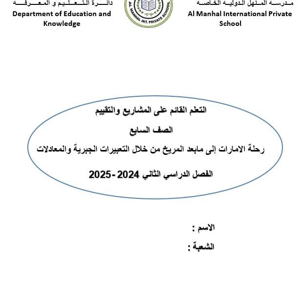 رحلة الإمارات إلى مابعد المريخ من خلال التعبيرات الجبرية والمعادلات الرياضيات المتكاملة الصف السابع