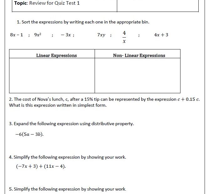 امتحان التقويم الأول Algebraic Expressions اللغة الإنجليزية الصف السابع