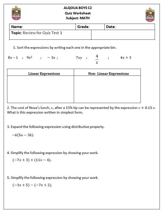 امتحان التقويم الأول Algebraic Expressions اللغة الإنجليزية الصف السابع