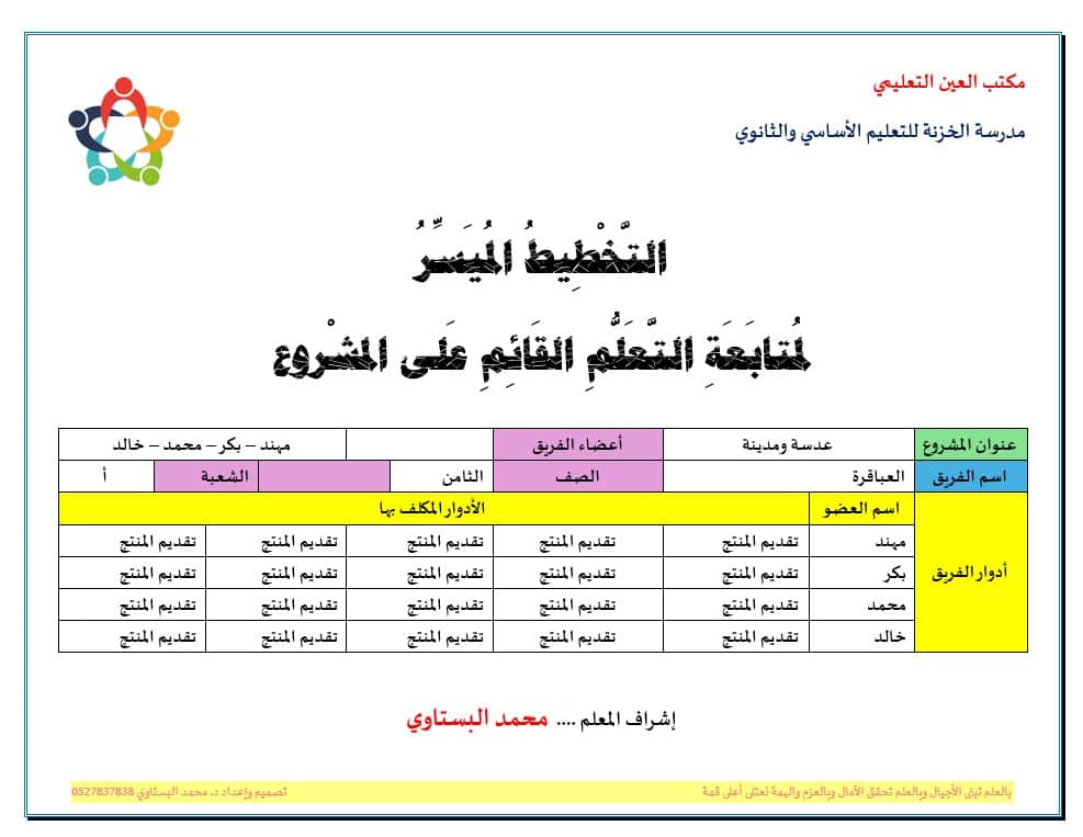 التخطيط الميسر لمتابعة التعلم القائم على المشروع اللغة العربية الصف الثامن