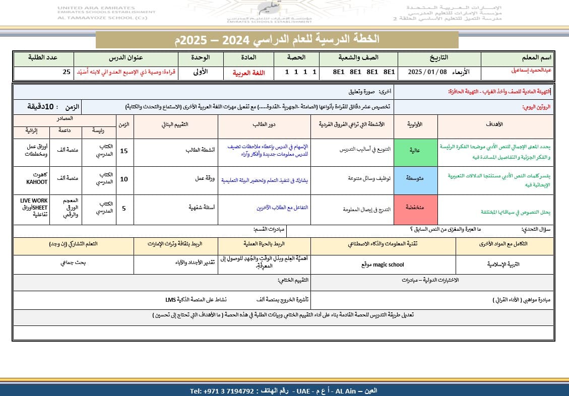 الخطة الدرسية اليومية وصية ذي الإصبع العدواني لابنه أُسيد اللغة العربية الصف الثامن 