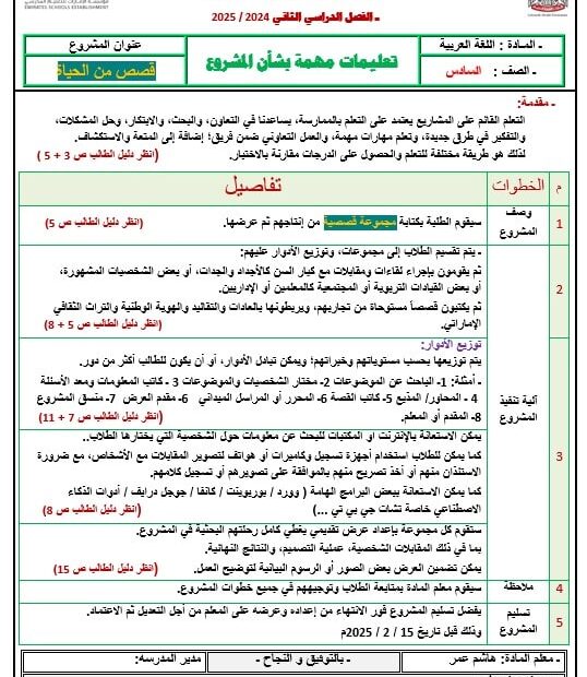 تعليمات مهمة بشأن المشروع اللغة العربية الصف السادس