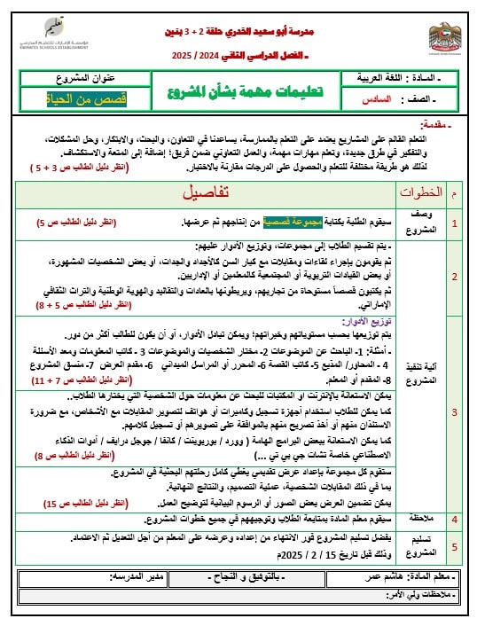 تعليمات مهمة بشأن المشروع اللغة العربية الصف السادس 