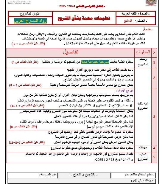 تعليمات مهمة بشأن المشروع اللغة العربية الصف السابع