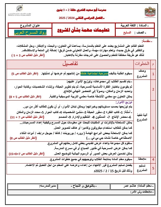 تعليمات مهمة بشأن المشروع اللغة العربية الصف السابع