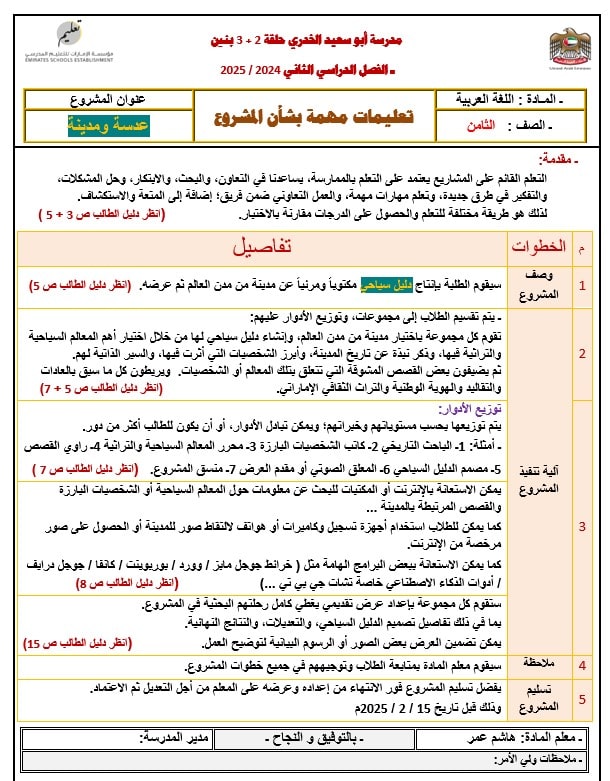 تعليمات مهمة بشأن المشروع اللغة العربية الصف الثامن