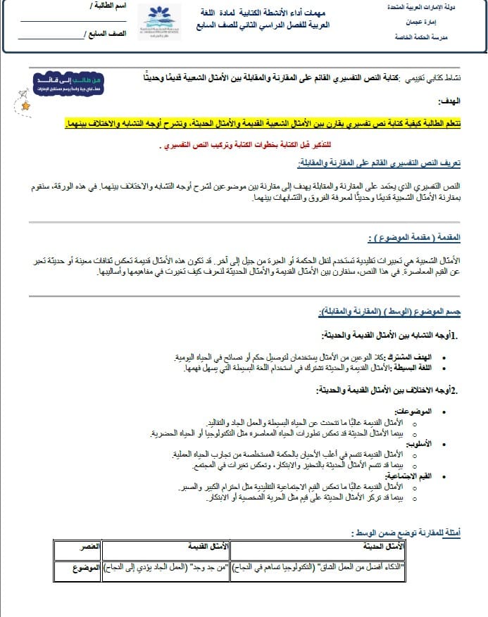 مهمات أداء الأنشطة الكتابية اللغة العربية الصف السابع