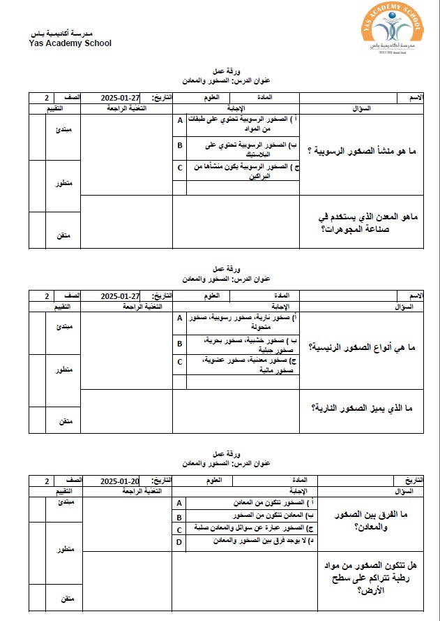 ورقة عمل الصخور والمعادن العلوم المتكاملة الصف الثاني