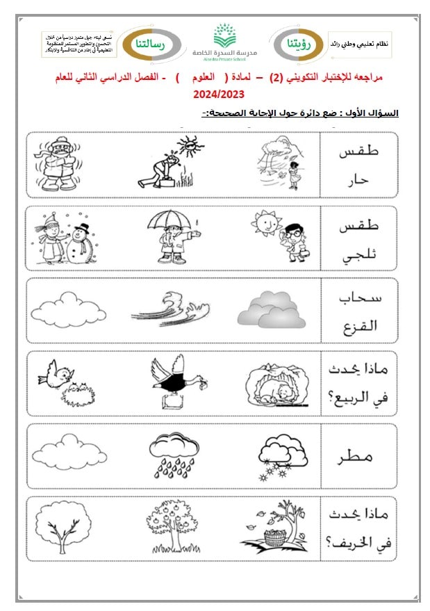 مراجعة للاختبار التكويني الثاني العلوم المتكاملة الصف الأول