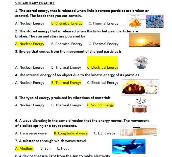 حل أوراق عمل TYPES OF ENERGY and SOUND AND LIGHT العلوم المتكاملة الصف الرابع