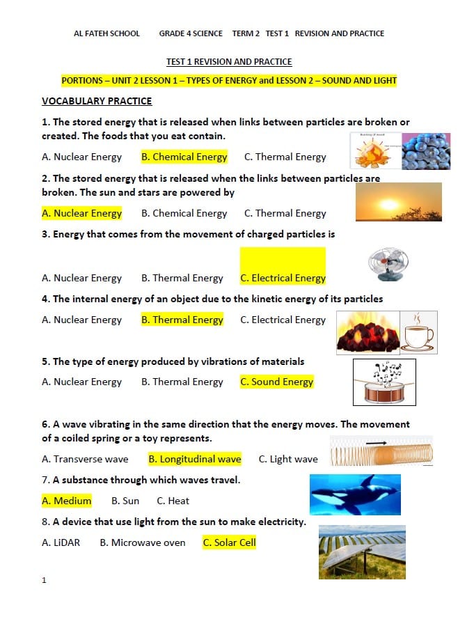 حل أوراق عمل TYPES OF ENERGY and SOUND AND LIGHT العلوم المتكاملة الصف الرابع