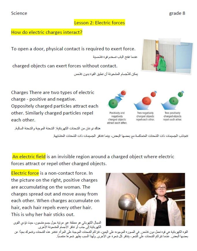 ملخص درس Electric forces العلوم المتكاملة الصف الثامن