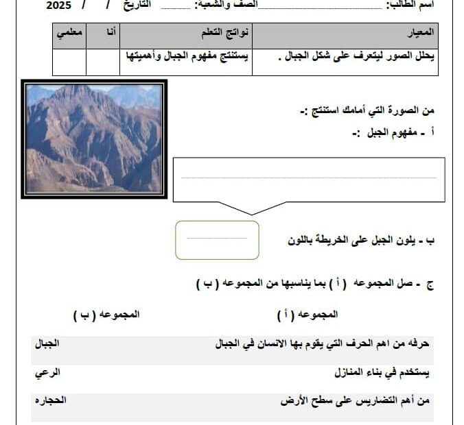 أوراق عمل الجبال والصحراء والسهول مستويات الدراسات الإجتماعية والتربية الوطنية الصف الثالث