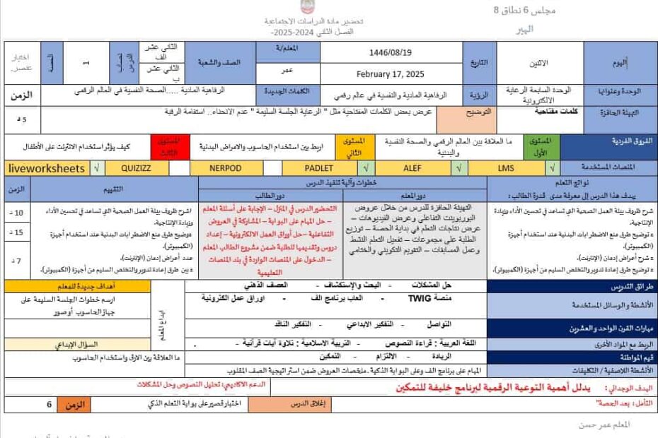 الخطة الدرسية اليومية الرعاية الإلكترونية الدراسات الإجتماعية والتربية الوطنية الصف الثاني عشر