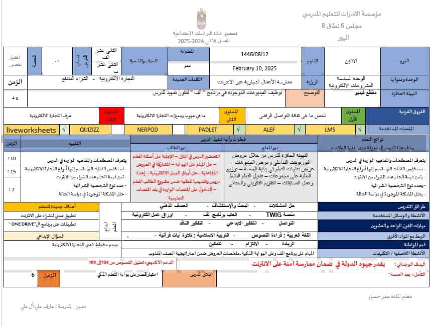 الخطة الدرسية اليومية المشروعات الالكترونية الدراسات الإجتماعية والتربية الوطنية الصف الثاني عشر