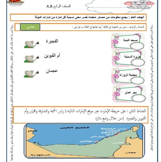 ورقة عمل إمارة ومسمى الفجيرة وعجمان وأم القيوين الدراسات الإجتماعية والتربية الوطنية الصف الرابع