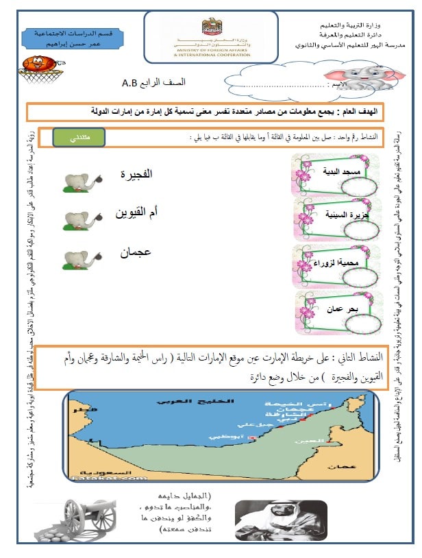 ورقة عمل إمارة ومسمى الفجيرة وعجمان وأم القيوين الدراسات الإجتماعية والتربية الوطنية الصف الرابع