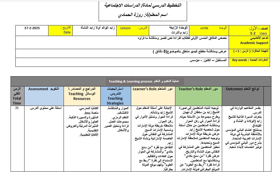 الخطة الدرسية اليومية زايد النشأة الدراسات الإجتماعية والتربية الوطنية الصف الأول