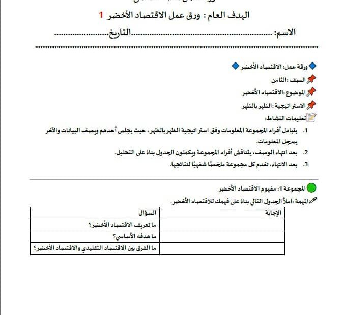 ورقة عمل تعاوني الاقتصاد الأخضر الدراسات الإجتماعية والتربية الوطنية الصف الثامن