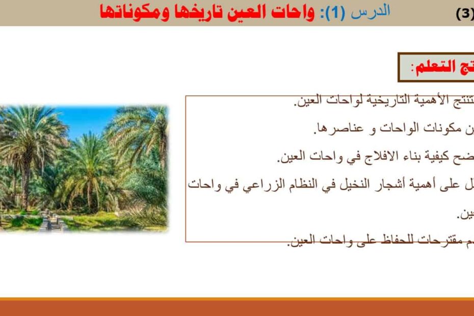 درس واحات العين تاريخها ومكوناتها الدراسات الإجتماعية والتربية الوطنية الصف الحادي عشر - بوربوينت