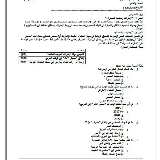 ورقة عمل الإمارات من سفينة الصحراء إلى الفضاء الدراسات الإجتماعية والتربية الوطنية الصف الثامن