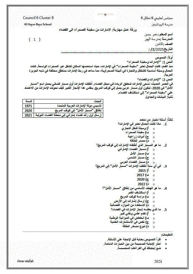 ورقة عمل الإمارات من سفينة الصحراء إلى الفضاء الدراسات الإجتماعية والتربية الوطنية الصف الثامن