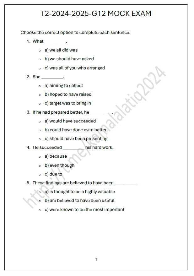 حل أوراق عمل MOCK EXAM اللغة الإنجليزية الصف الثاني عشر 