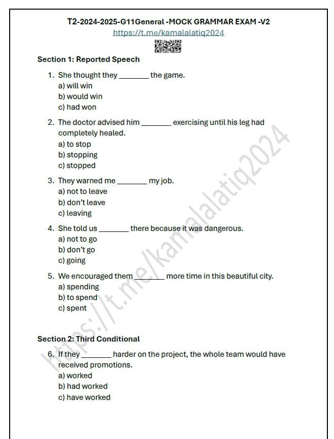 حل أوراق عمل MOCK GRAMMAR EXAM اللغة الإنجليزية الصف الحادي عشر عام