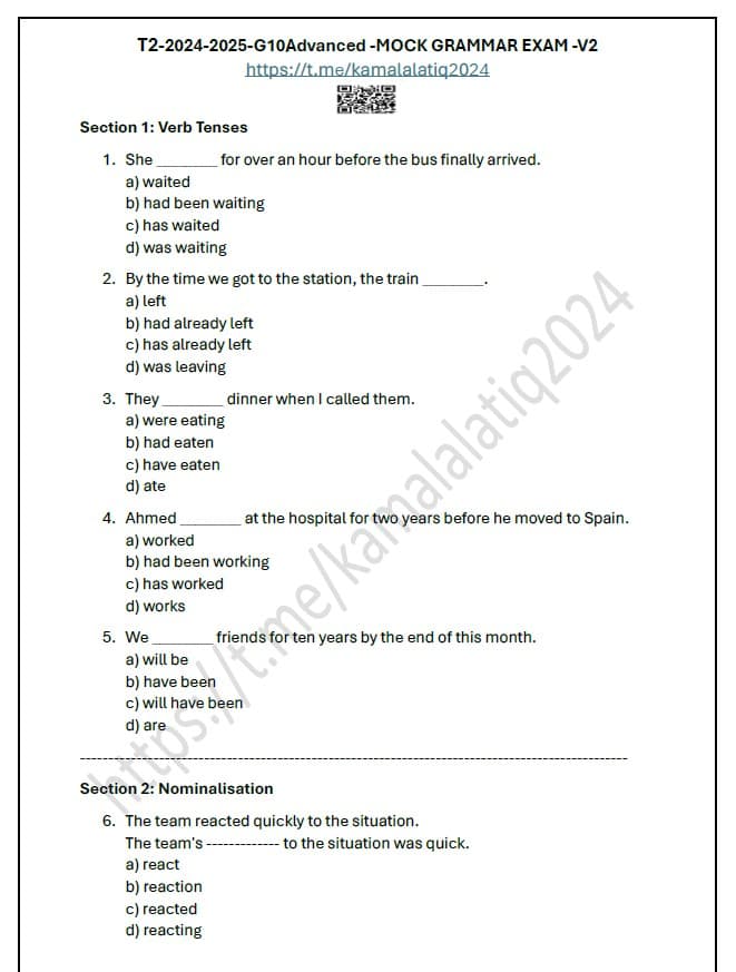 حل أوراق عمل MOCK GRAMMAR EXAM اللغة الإنجليزية الصف العاشر متقدم