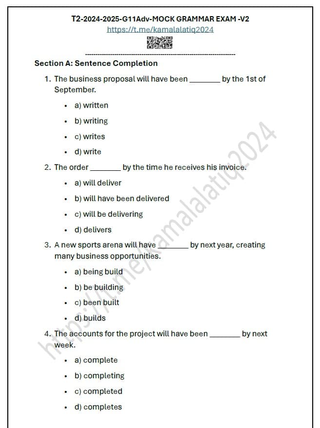 حل أوراق عمل MOCK GRAMMAR EXAM اللغة الإنجليزية الصف الحادي عشر متقدم