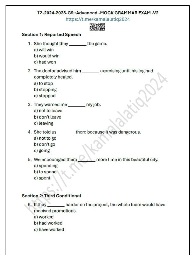 حل أوراق عمل MOCK GRAMMAR EXAM اللغة الإنجليزية الصف التاسع متقدم