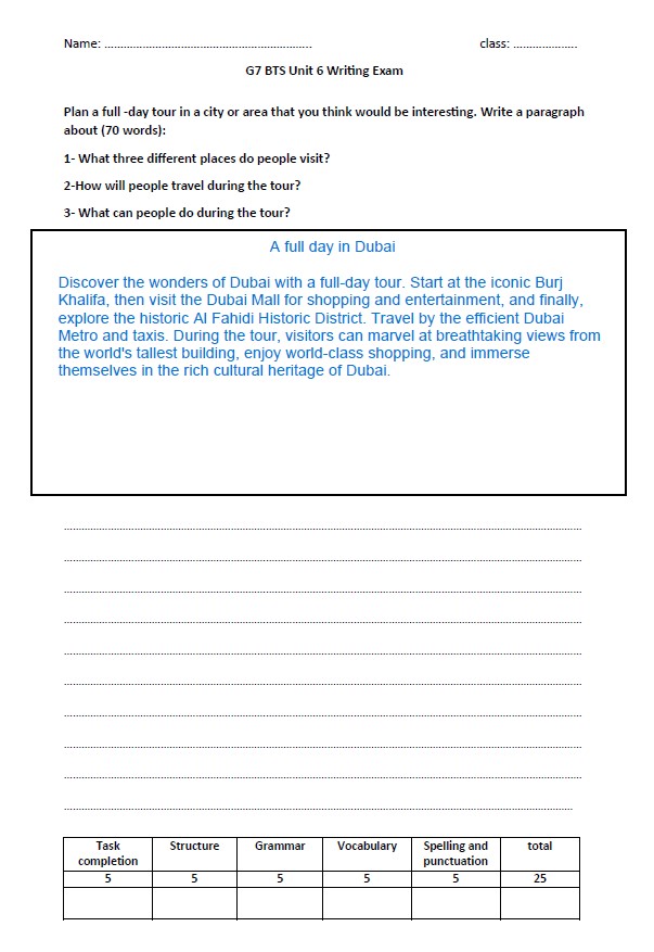 ورقة عمل Unit 6 Writing Exam اللغة الإنجليزية الصف السابع