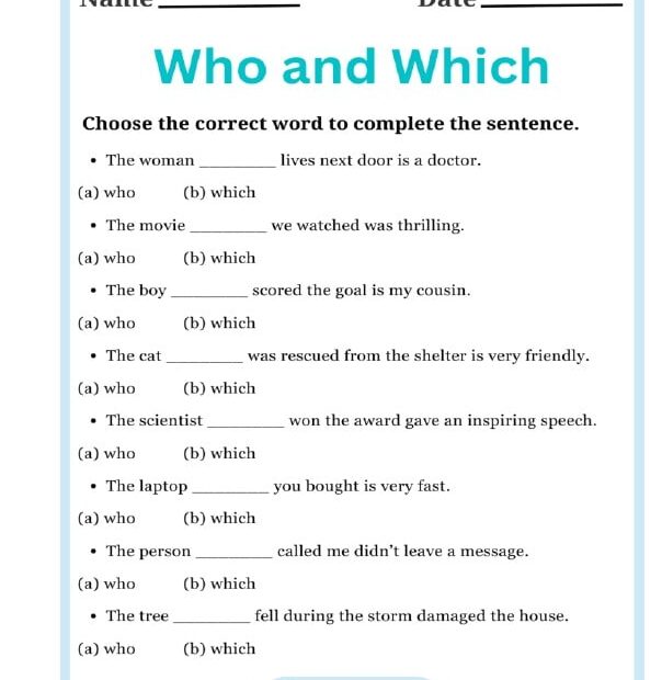 ورقة عمل Who and which اللغة الإنجليزية الصف الرابع