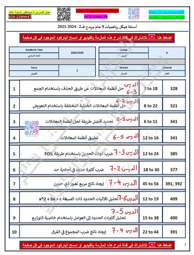 تجميع أسئلة هيكل امتحان الرياضيات المتكاملة الصف التاسع عام بريدج 