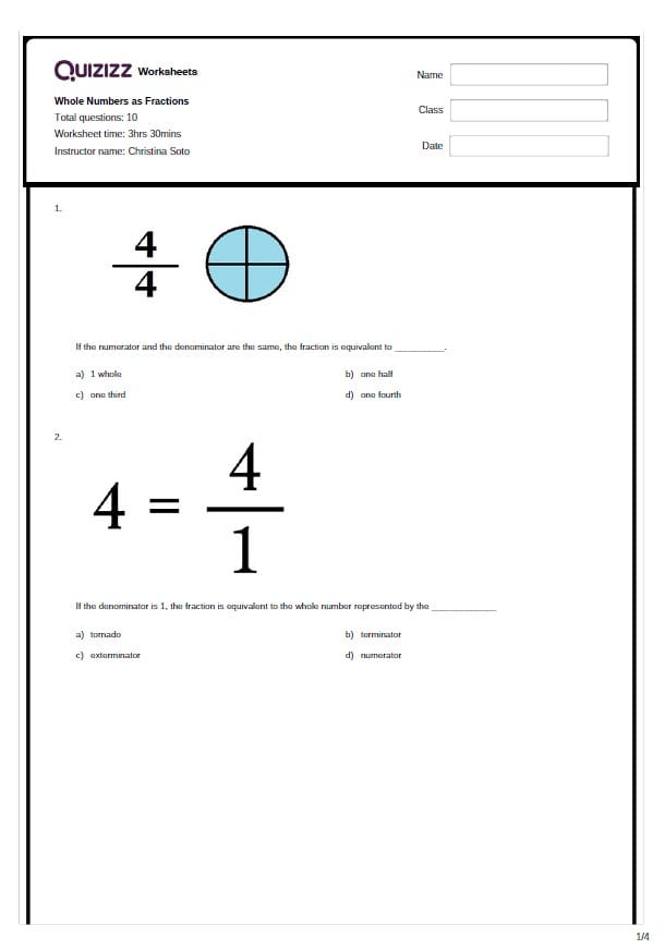 ورقة عمل Whole Numbers as Fractions الرياضيات المتكاملة الصف الثالث