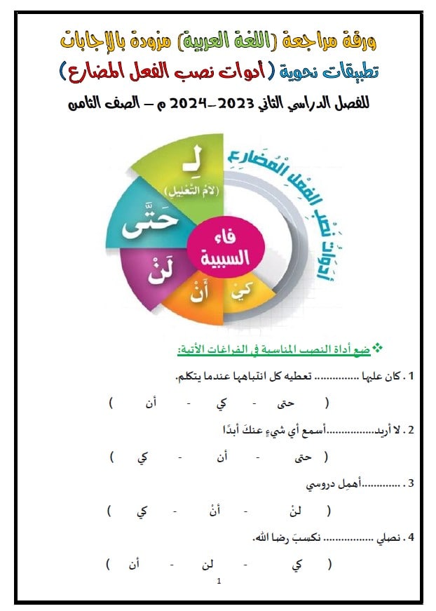 حل أوراق عمل أدوات نصب الفعل المضارع اللغة العربية الصف الثامن 