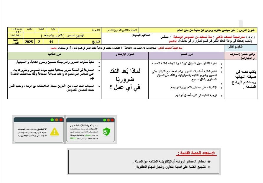 الخطة الدرسية اليومية دليل سياحي مكتوب ومرئي عن مدينة من مدن العالم الأسبوع السادس اللغة العربية الصف الثامن