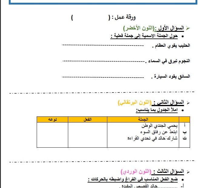 ورقة عمل أقسام الفعل اللغة العربية الصف الرابع