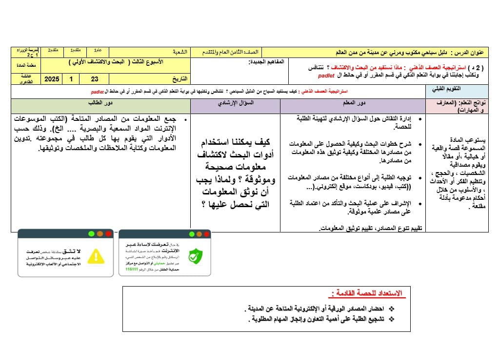 الخطة الدرسية اليومية دليل سياحي مكتوب ومرئي عن مدينة من مدن العالم الأسبوع الثالث اللغة العربية الصف الثامن