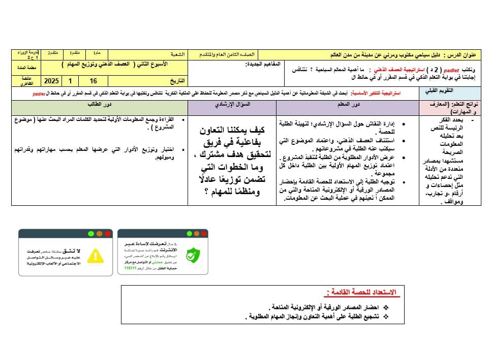 الخطة الدرسية اليومية دليل سياحي مكتوب ومرئي عن مدينة من مدن العالم الأسبوع الثاني اللغة العربية الصف الثامن