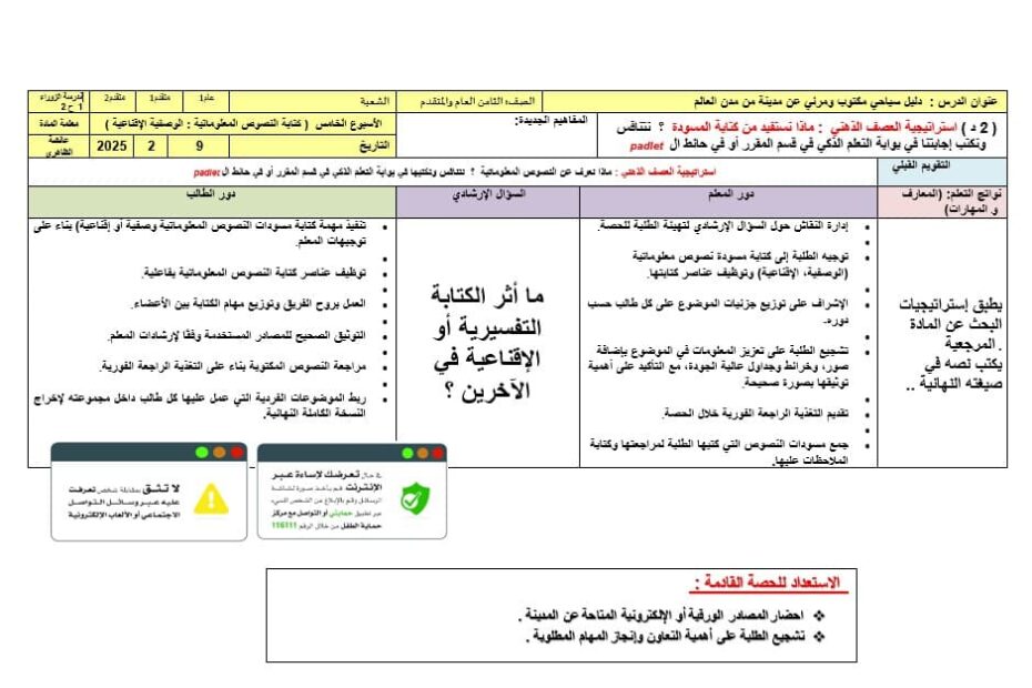 الخطة الدرسية اليومية دليل سياحي مكتوب ومرئي عن مدينة من مدن العالم الأسبوع الخامس اللغة العربية الصف الثامن