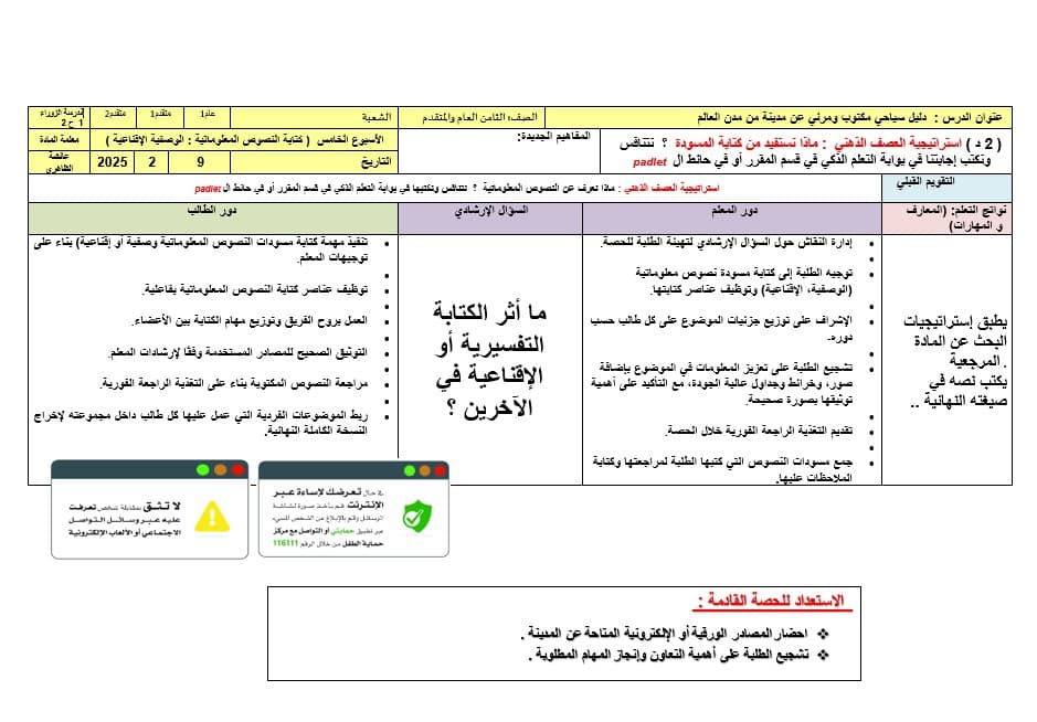 الخطة الدرسية اليومية دليل سياحي مكتوب ومرئي عن مدينة من مدن العالم الأسبوع الخامس اللغة العربية الصف الثامن