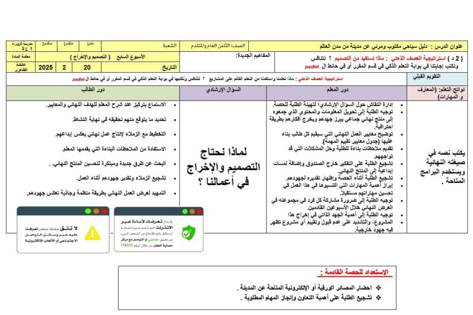 الخطة الدرسية اليومية دليل سياحي مكتوب ومرئي عن مدينة من مدن العالم الأسبوع السابع اللغة العربية الصف الثامن