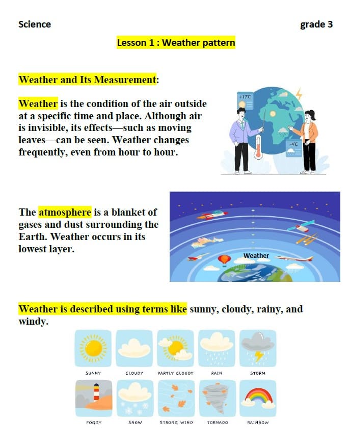 حل أوراق عمل وملخص Weather pattern العلوم المتكاملة الصف الثالث انسبير