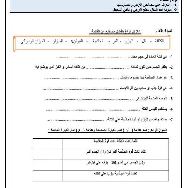 ورقة عمل خصائص الأرض العلوم المتكاملة الصف الثالث