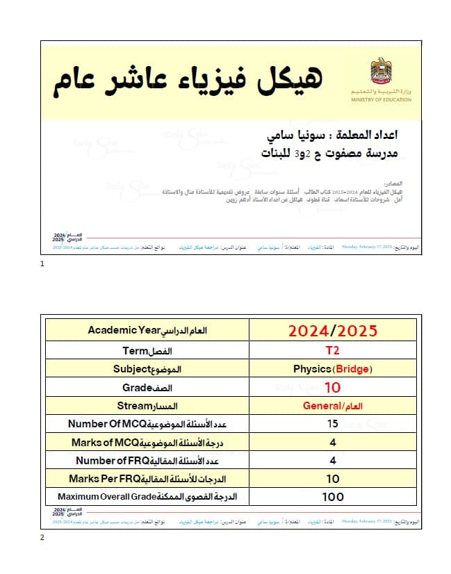 تدريبات حسب الهيكل الوزاري الفيزياء الصف العاشر بريدج عام 