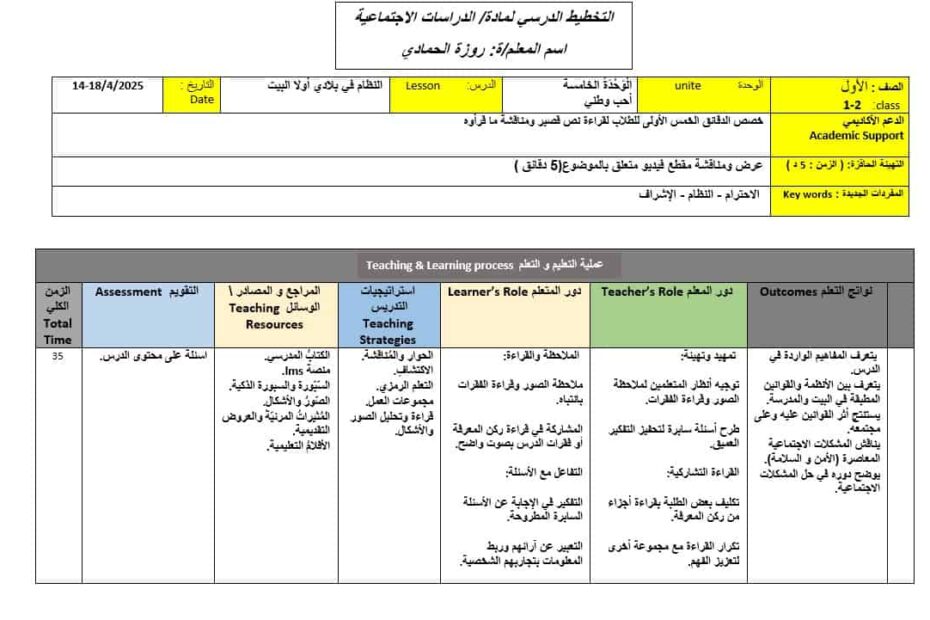 الخطة الدرسية اليومية النظام في بلادي أولا البيت الدراسات الإجتماعية والتربية الوطنية الصف الأول